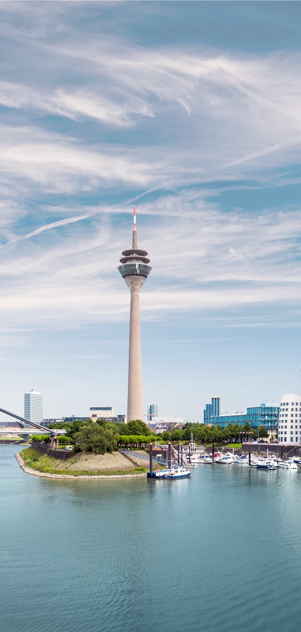 Blick auf Düsseldorf mit Fernsehturm und den Rhein